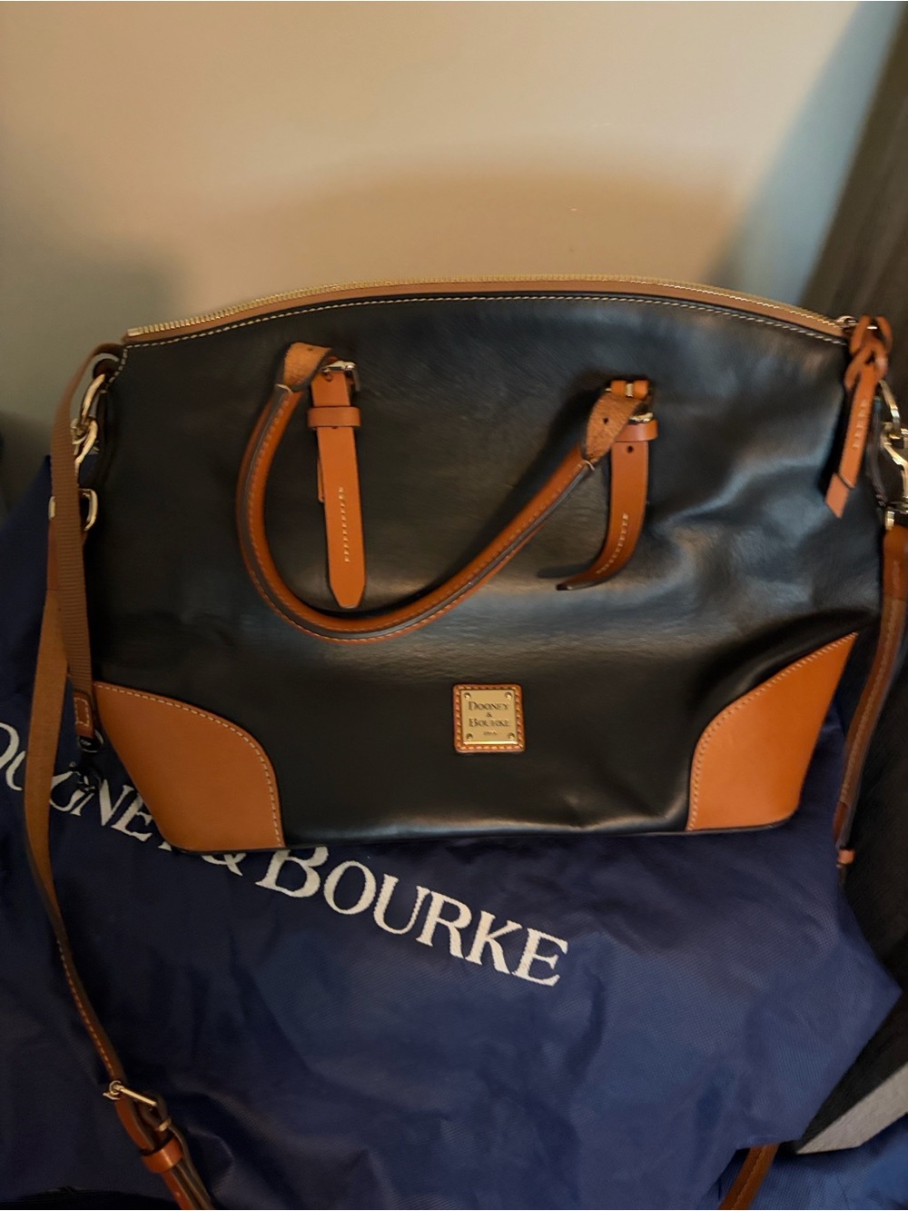 Dooney & Bourke Black with Tan Leather Trim Satchel
